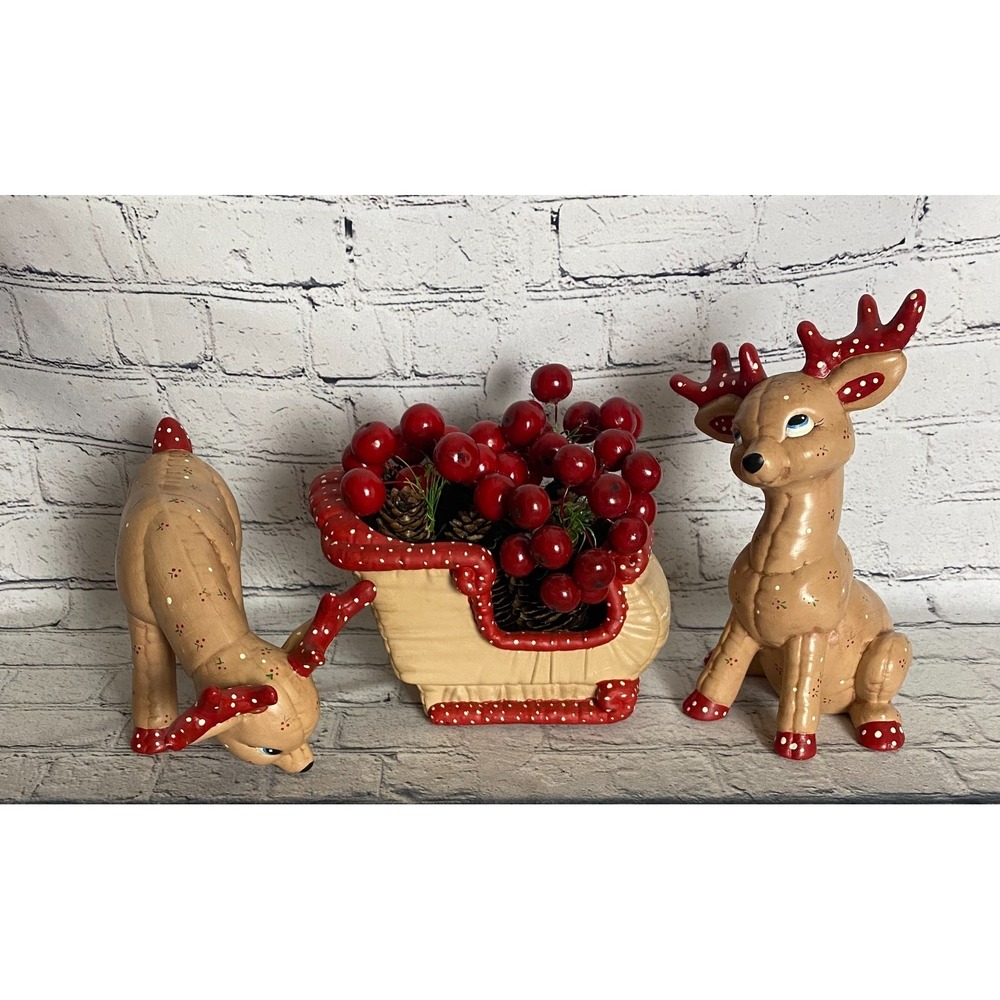 VTG‎ Kimple Reindeer (2) Sleigh Ceramic Christmas Mold Holly & Polka Dots 80's